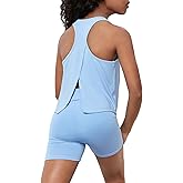 BEAUDRM Girl's 2 Piece Workout Outfits Round Neck Split Crop Tank Top and Biker Shorts Athletic Sets