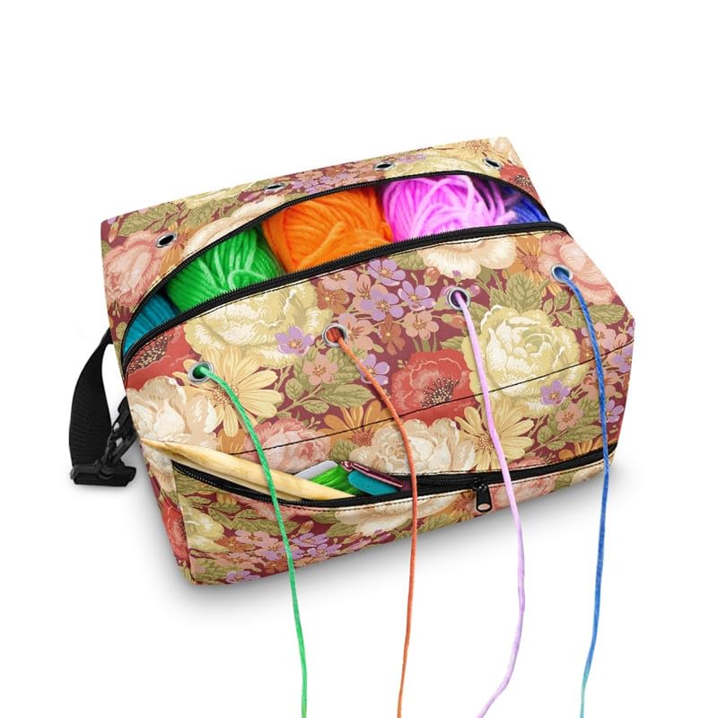 Kuiaobaty Bright Flowers Craft Bag for Crochet Knitting Cross Stitch Organizers, Colorful Floral Crochet Bag with Handle Strap, Lightweight