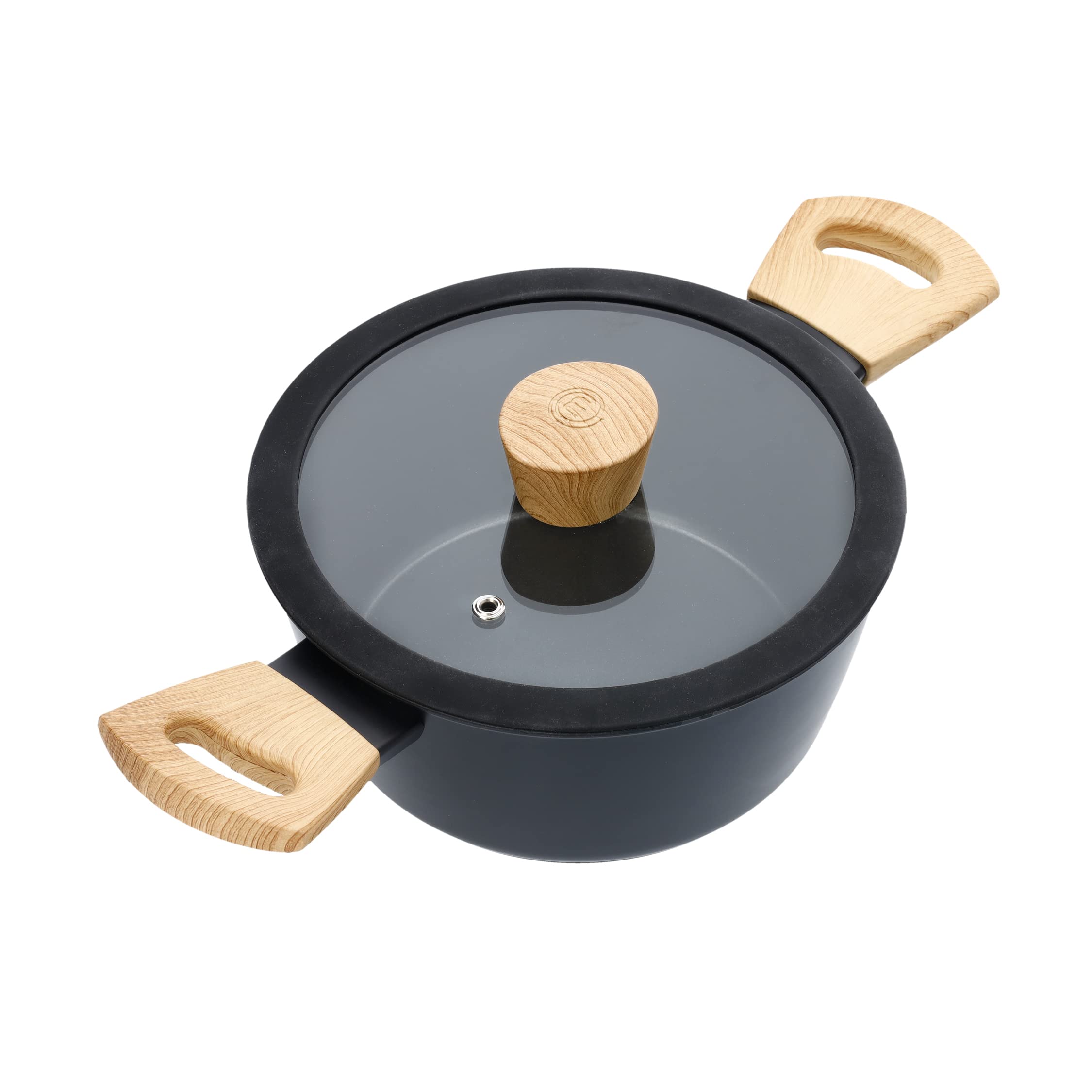 MasterChef Stock Pot with Lid 20cm Non Stick Casserole, Stew & Soup Pan for All Cooking Surfaces Induction Hobs, Swiss Engineered with Scratch Resistant, Nonstick Coating, Aluminium, Woodlook, Black