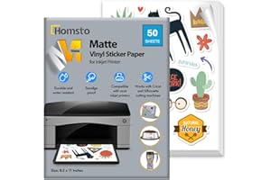 HOMSTO Vinyl Sticker Paper, Matte Printable Sticker Paper for Inkjet Printer, Quick Drying, Water Resistant, Scratch Resistant, Sticks to Most Surfaces, 8.5 x 11 Inches, 50 Sheets