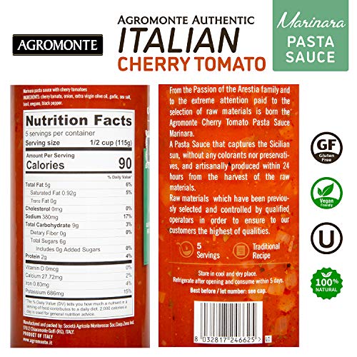 Agromonte Authentic Italian Cherry Tomato Pasta Sauce (Marinara)- Taste of Italy Gourmet Foodie and Chef Gift - Certified Kosher, Gluten-Free, All Natural, non-GMO, No Added Sugar 20.46oz (single)