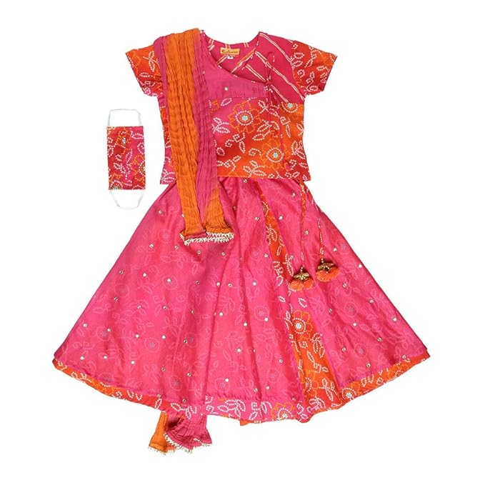 Exclusive from Jaipur By Hopscotch Girls Cotton Bandhej Print Top And Chanderi Double Layer Ghaghra Shaded Malmal Dupatta in Pink Color