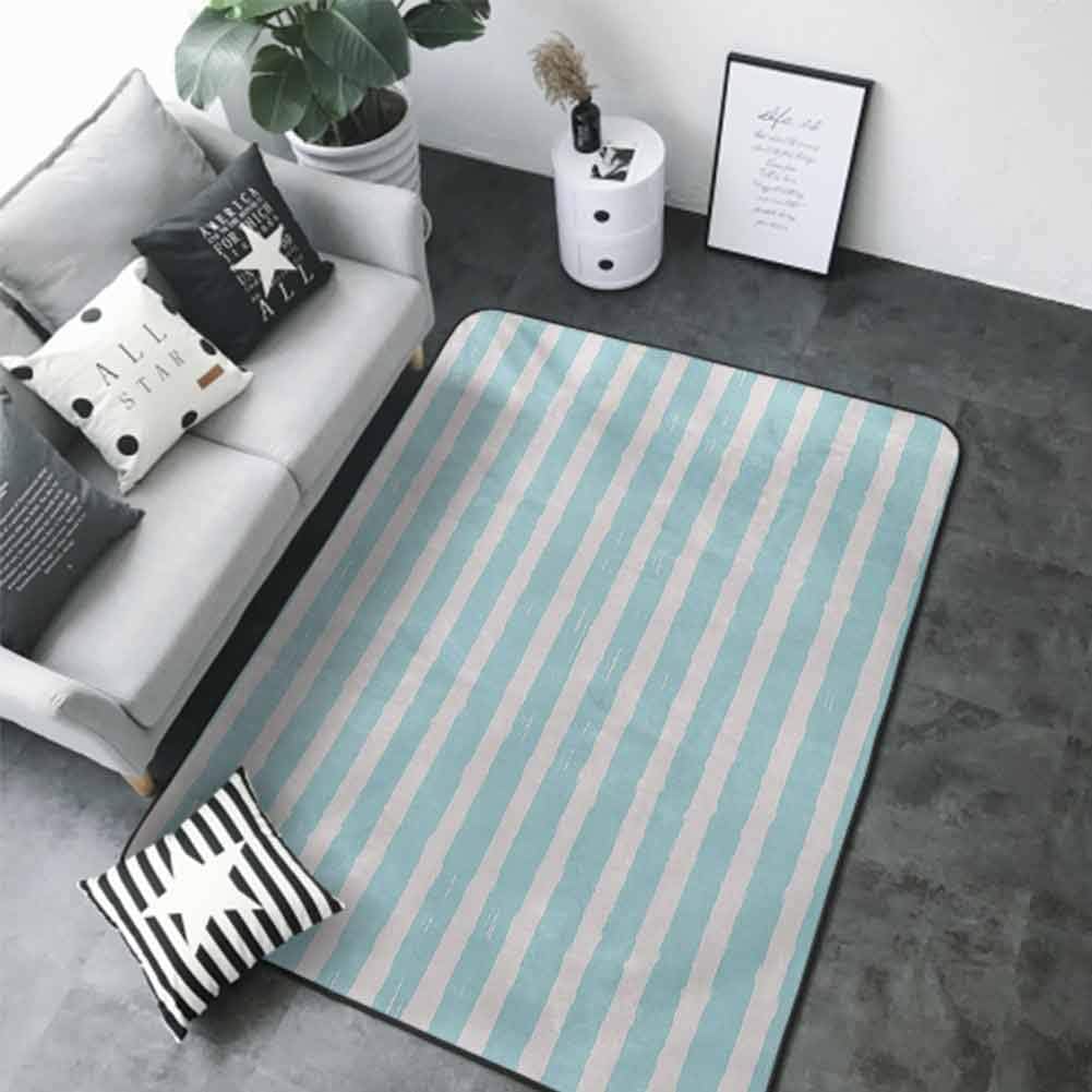 Non-Slip Modern Carpet Kids,Horizontally Striped Pattern with Brushstrokes Grunge and Weathered Look,Pale Blue and Off White 80"x 96" Bath Rugs for Bathroom