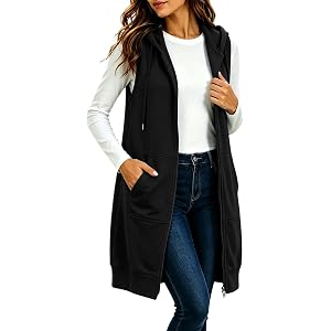 JIEMUXIU Long Vest for Women Zip Up Oversized Long Tunic Sleeveless Coats 2026 Fall Fashion Casual Hooded Vests Jackets