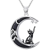 HPQQ Gothic Necklace Bat/Cat/Owl/Fox/Sun Black Onyx Pendant Sterling Silver Crescent Moon Necklaces for Women Black Jewelry Gifts