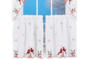 Collections Etc Embroidered Winter Cardinals Window Curtain Panels Collection, Red, Green and White Christmas Accents, 36" L Tiers