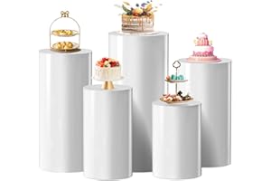 BXAEYIPOR Cylinder Stands for Party Set of 5, White Round Pedestal Stands,Metal Material Cylinder Pedestal Stand ,Display Cake Cylinder Stand for Party,Wedding,Birthday,Event Decor