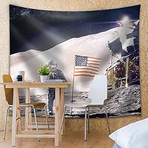 Man on The Moon with The American Flag - Fabric Tapestry, Home Decor - 51x60 inches
