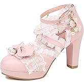 FOREADA Kawii Shoes Bow Pearl Heels Lolita Platform Heels for Women Lace Cute Mary Janes Pumps