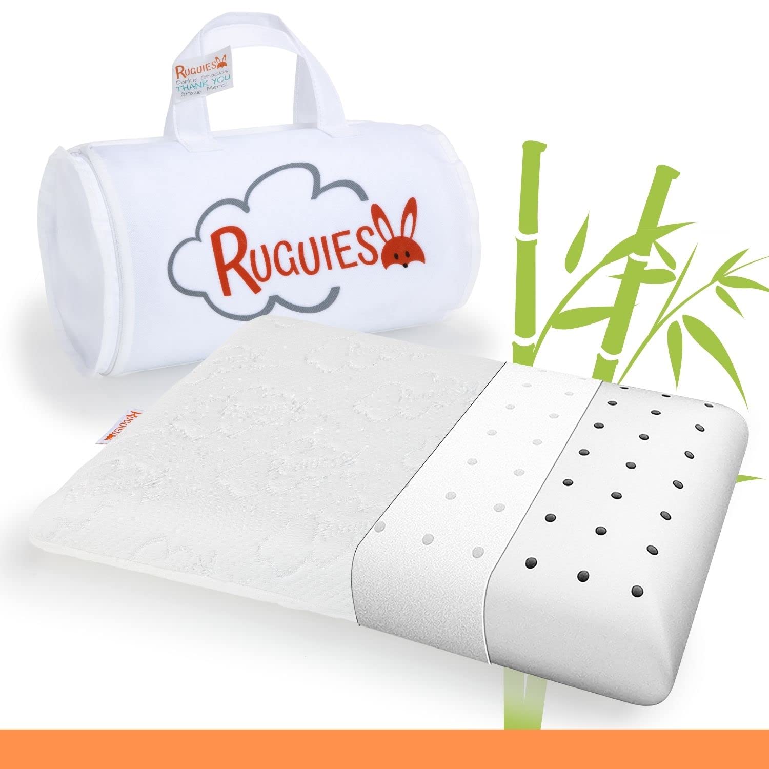 RUGUIES BAMBOO- Memory Foam Children's Pillow-Hypoallergenic and Breathable- Kids Cushion-Bamboo Cotton Washable Cover- Oeko-Tex-1 to 10 years-23"x13"x2" or 3"- Travel Bag Included.