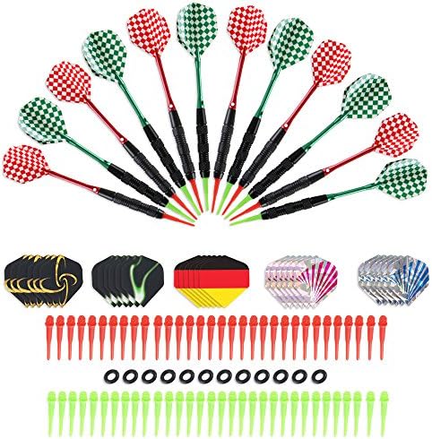Sanfeng 12pcs Red & Green Soft Tip Darts Set, Knurled Designed Black Coating Brass Barrel 16g, Aluminum Shafts with O-rings, 42pcs Flights, 60pcs Soft Tips for Electronic Dartboard