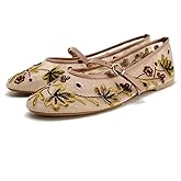 Mesh Ballet Flats for Women Embroidered Floral Mary Jane Flats Round Toe Slip On Ballerina Shoes Comfortable Casual Daily Dress Flat Shoes