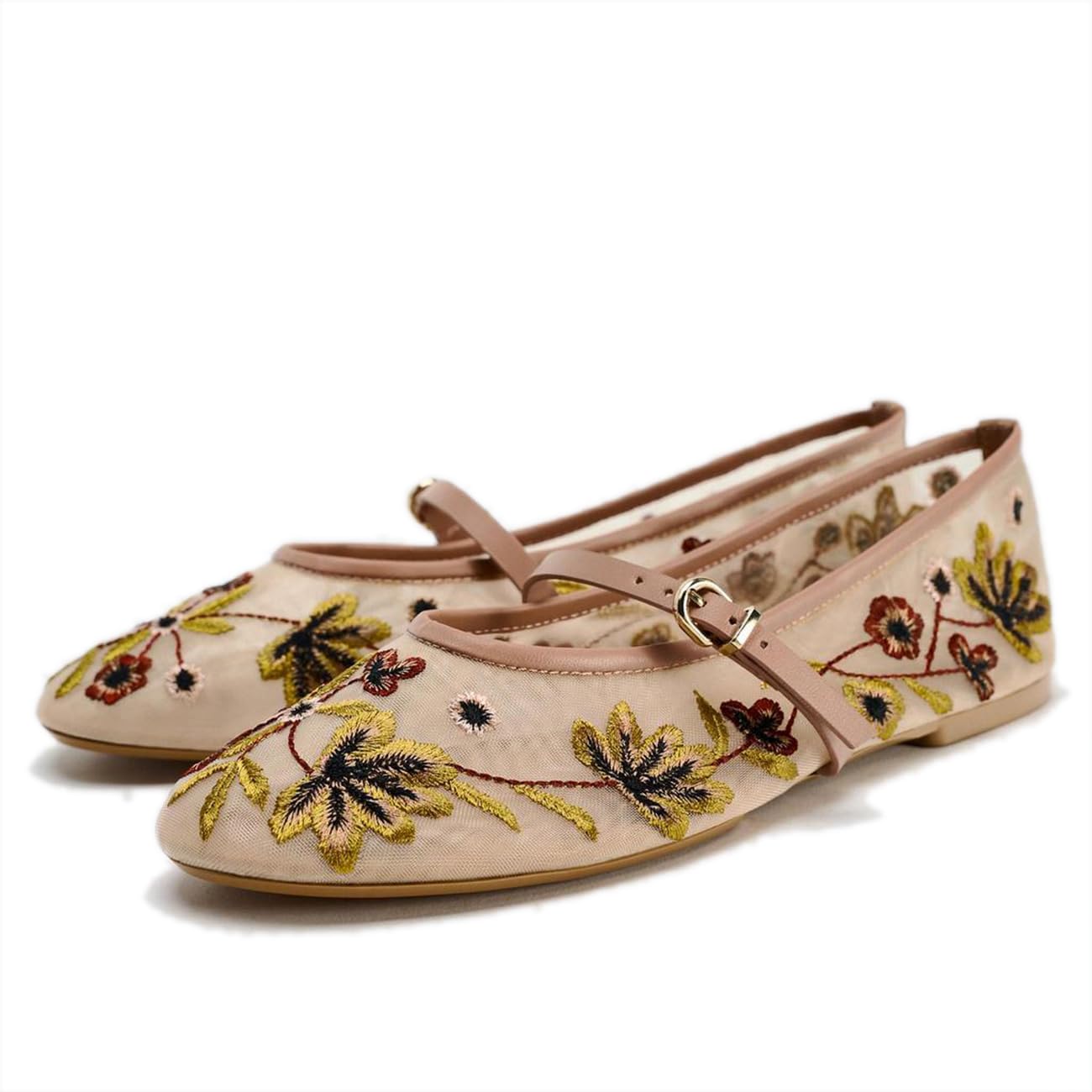Photo 1 of Mesh Ballet Flats for Women Embroidered Floral Mary Jane Flats Round Toe Slip On Ballerina Shoes Comfortable Casual Daily Dress Flat Shoes (Apricot,8.5)