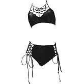MEOWCOS Gothic Dark Style Swimsuit Black Spiderweb Chest Top Lace up Bottom Two-piece Swimsuit