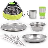 HIKPEED 10-Piece Camping Mess Kit, Stainless Steel Camping Dishes Set Dinnerware for 1-2 Person Utensils Tableware with Cups,