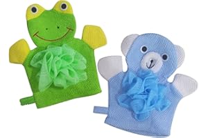 COHEXA Kids Bath Gloves Loofah for Kids 2 Pack Glove Body Scrubber for Shower Animal Body Wash Gloves, Easy to Lather (Bear Frog)