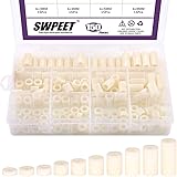 Swpeet 150Pcs Nylon Round Spacer Standoff Screw Nut Assortment Kit, Nylon PA66 Plastic Standoff OD 11mm and ID 6.2mm Length 3