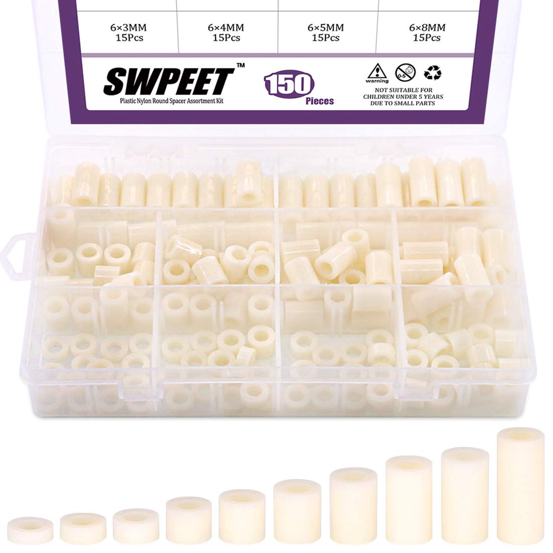 Swpeet 150Pcs Nylon Round Spacer Standoff Screw Nut Assortment Kit, Nylon PA66 Plastic Standoff OD 11mm and ID 6.2mm Length 3mm 4mm 5mm 8mm 10mm 12mm 15mm 18mm 20mm 25mm for M6 Screws Prototyping