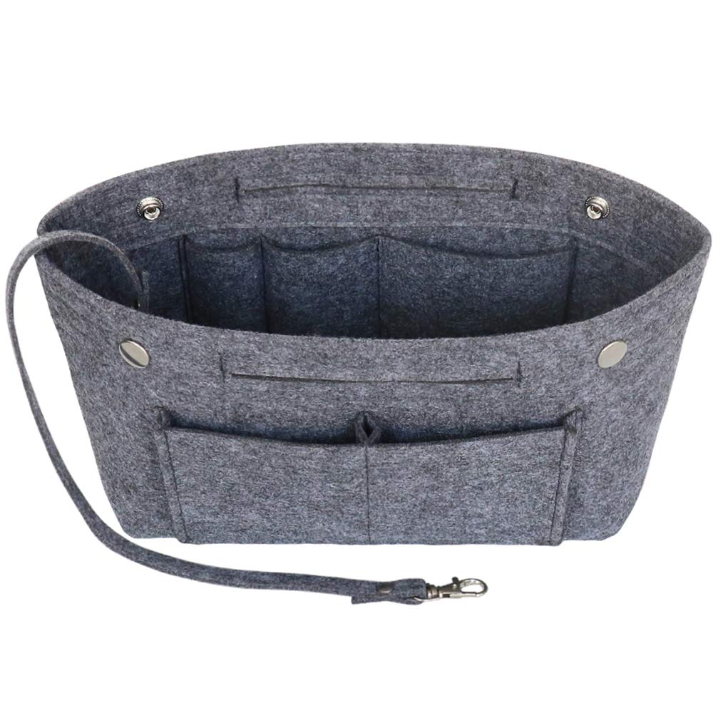 Joqixon Bag Insert Organizer, Felt Handbag Organizer with 15 Pockets, Folding Tote Bag Organiser Insert Zipper Bags for Longchamp(DGrey, L)