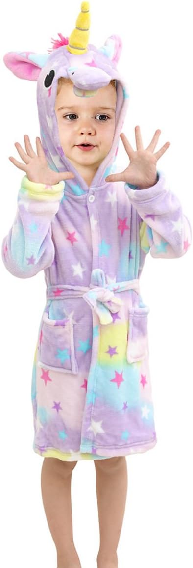Toddlers/Kids Unicorn Hooded Robe Soft Fleece Bathrobe Children Pajamas Baby Plush Robe (2T, U-Stars)