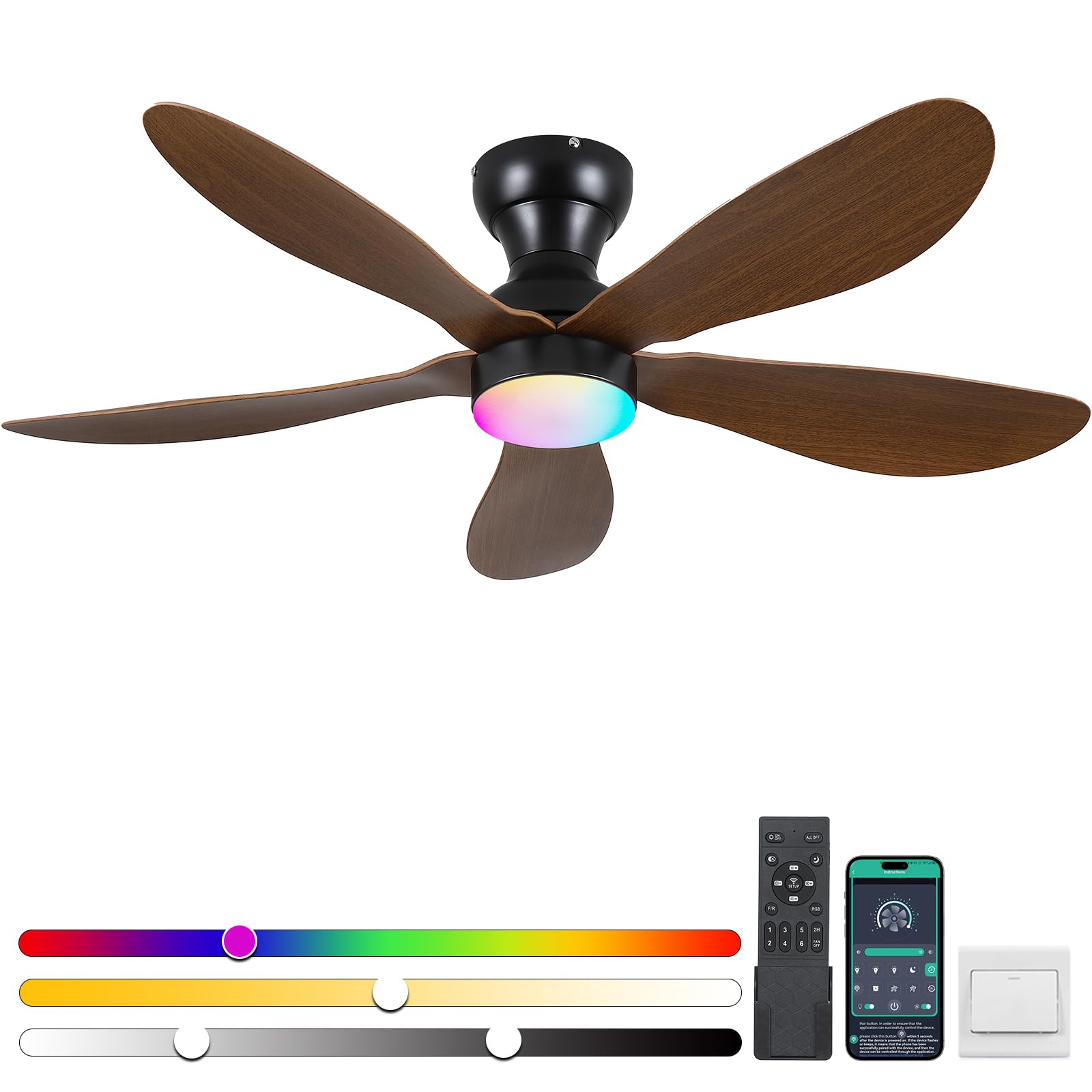 Photo 1 of Kviflon Ceiling Fans with Lights and Remote/APP Control, 44 inch Low Profile Ceiling Fans with Dimmable White Colors and RGB Lighting, 6 Speeds 5 Curved Blades for Kids Room Bedroom Bar, Brown