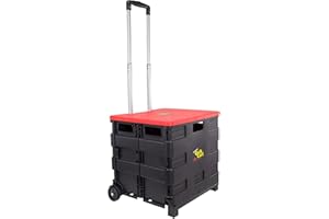 dbest products Quik Cart Collapsible Rolling Crate on Wheels for Teachers Tote Basket 80 lbs Capacity, Made from Heavy Duty Plastic and used as a Seat, Standard, Red
