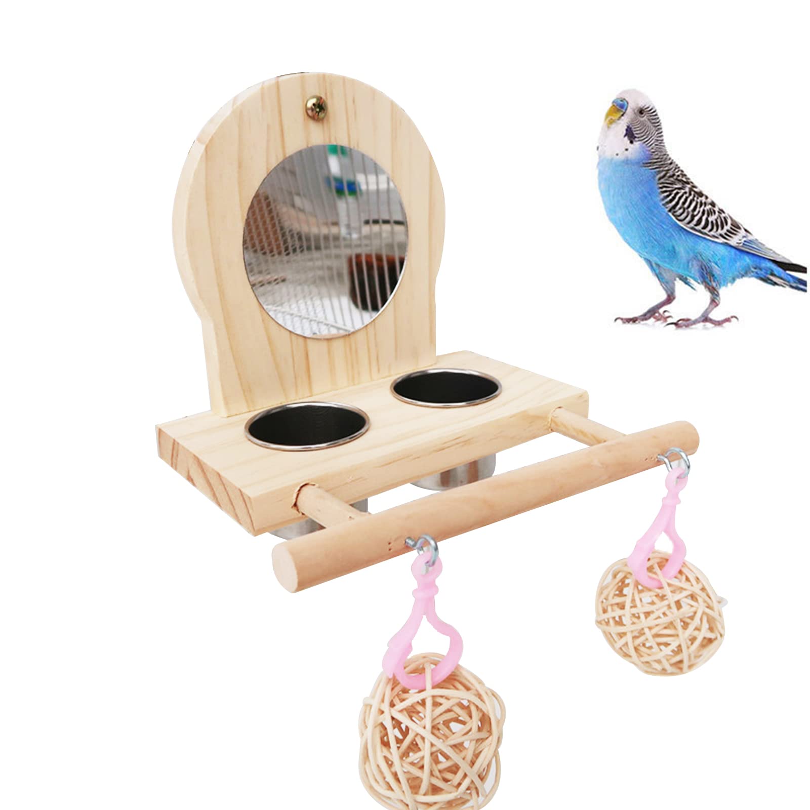 Joyeee Bird Mirror with Stainless Steel Feeding & Watering Cup, Perch and Training Toys - Small Rattan Balls for Budgies, Parakeets, Lovebirds and Finch Canaries