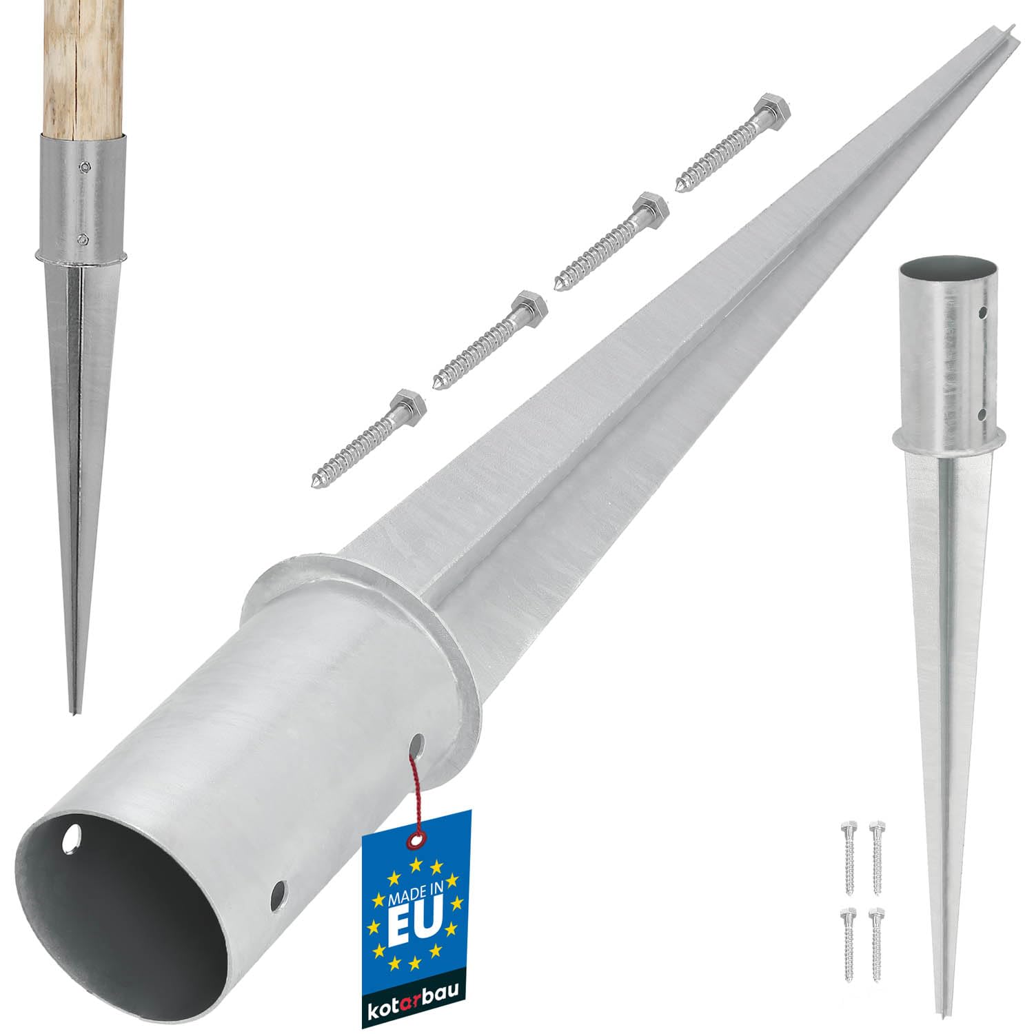 KOTARBAU - Ground Sleeve Post Support fi 80 mm Ground Anchor Length 750mm Top - Steel - Hot-Dip Galvanized Round Post Support for Wooden Posts Earth Anchor