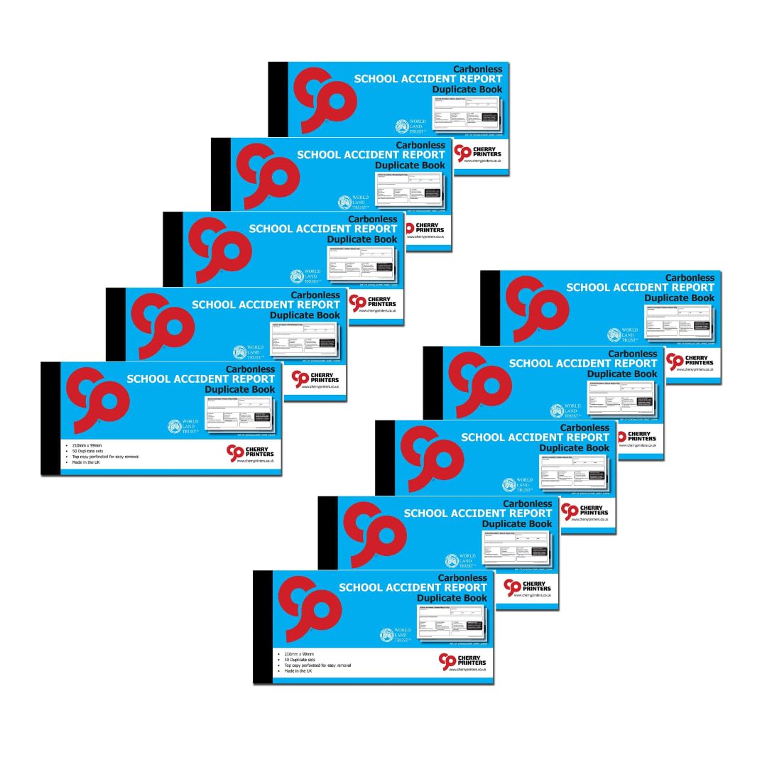 Cherry Printers School Accident Report Book GDPR | 2-Part Carbonless Duplicate Book | 50 Sets | 210mm x 99mm Size with Both Copies Perforated | for Schools and Educational Institutions **10 Pack**