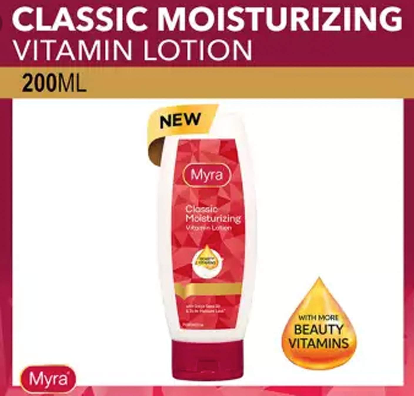 Myra Classic Moisturizing Vitamin Lotion Beauty Vitamins with Grap Seed Oil 24-hr Mousture Lock 200ml