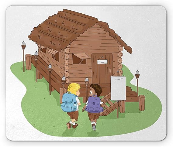 Alfombrilla De Raton Para Cabana De Troncos Descripcion De Dibujos Animados Sobre Fondo Liso De 2 Ninos Que Se Dirigen A Una Cabana Alfombrilla De Goma Rectangular Antideslizante Amazon Es Electronica
