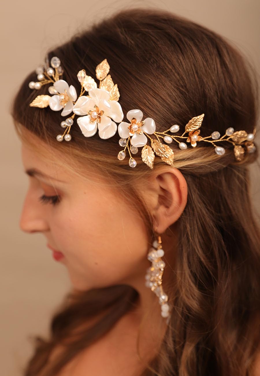 Chargances Handmade White Flower Headband Floral Gold Leaf Hair Vine Wedding Rhinestone Hair Piece Tiara Bridal Hair Accessories for Women and Girls