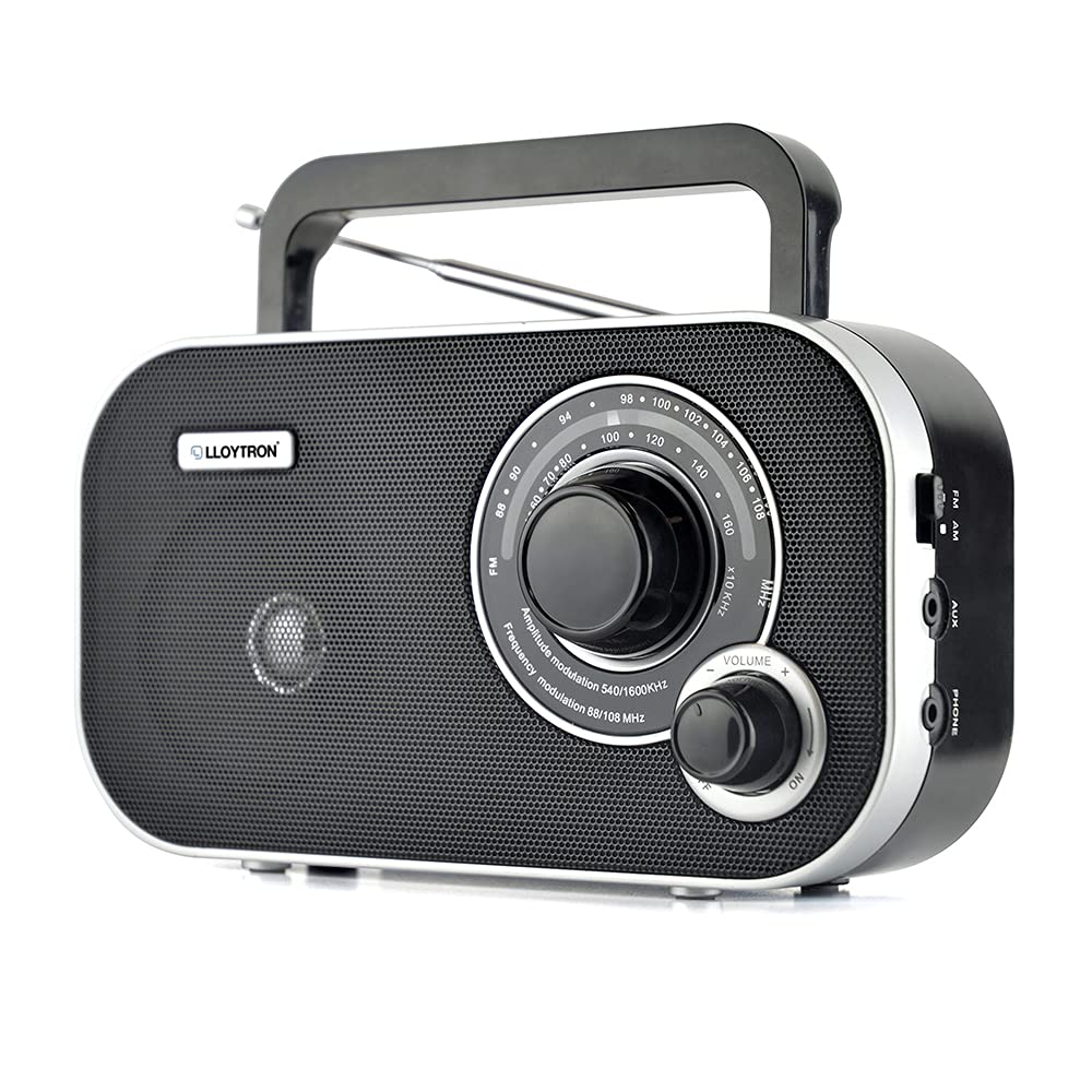 LLOYTRON "Calypso" 2 Band AC / DC Portable Radio with Integral Carry Handle - Telescopic Antenna - Auxiliary Input - Earphone Socket - Rotary Volume and Tuning Control - Mains or Battery Powered - N2405BK - Black