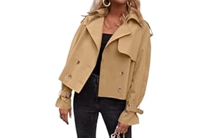 Tankaneo Womens Cropped Trench Coat Oversized Double Breasted Lapel Long Sleeve Short Jacket Fashion Outerwear