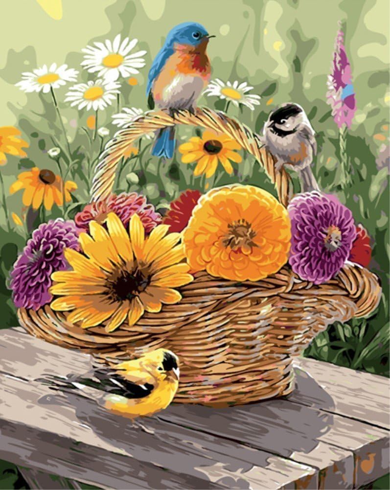 ABEUTY DIY Paint by Numbers for Adults Beginner - Bird & Flower Basket 16x20 inches Number Painting