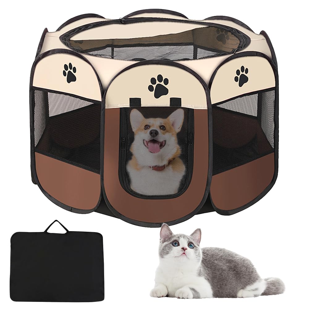 Dhqkqg Pet Playpen, Foldable Dog Play Pen Cat Pen with Storage Bag, Portable Puppy Playpen Kitten Pen, Fabric Dog Crate Cat Cage, Pet Tent for Puppy Kitten Rabbit Hamster Guinea Pig (Brown)