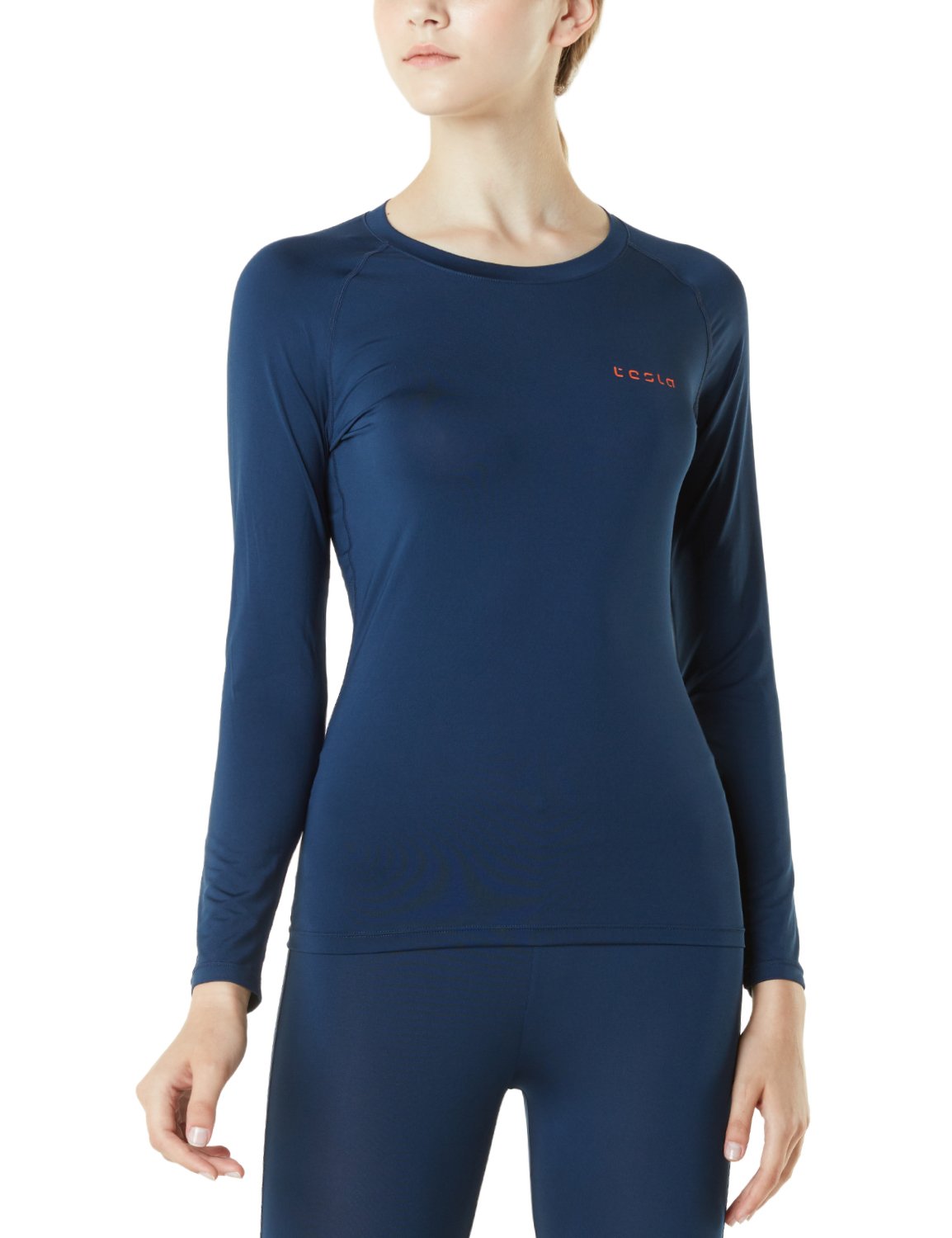 TSLA Women's Compression Long Sleeve T-Shirts Cool Dry Baselayer, Round Neck(fud01) - Navy, Medium.