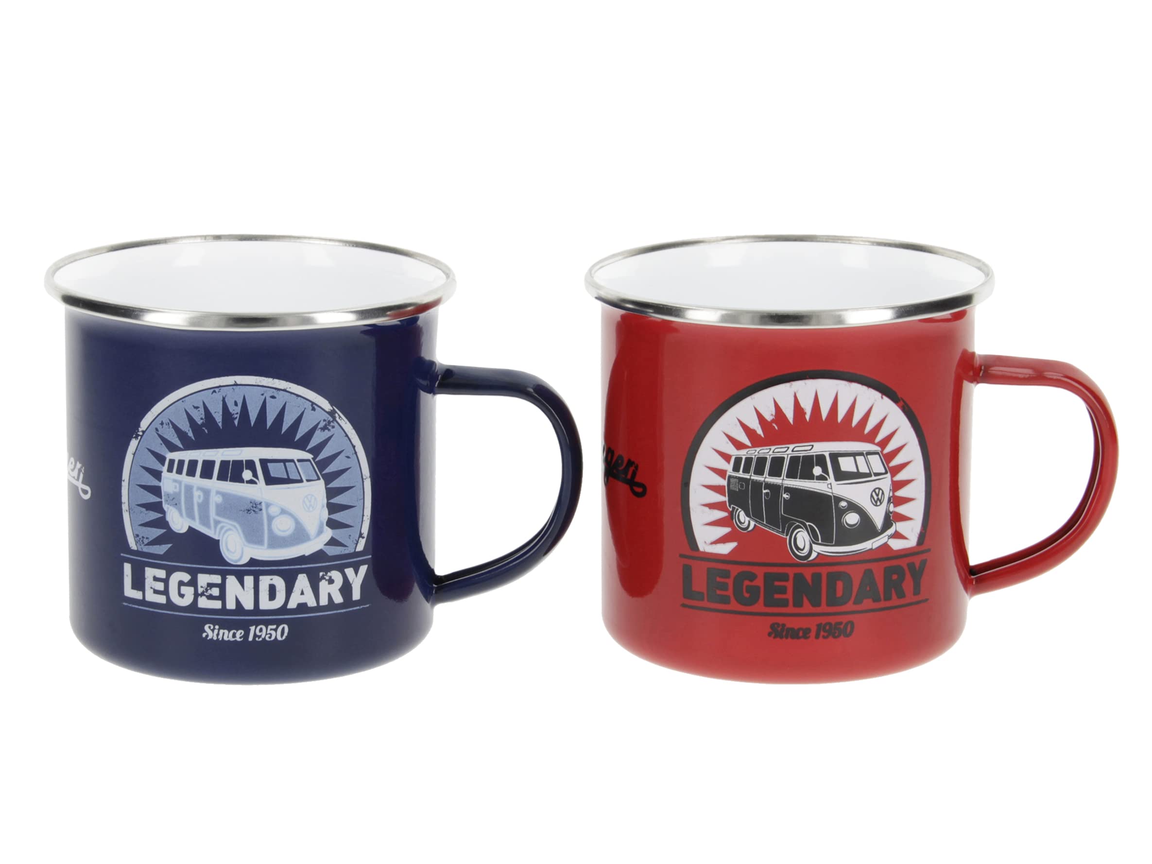 BRISA VW Collection - Volkswagen 2-Piece Enamel Coffee-Tea Mug Cup Set for Camping & Outdoor T1 Bus (Legendary/Red/Blue)