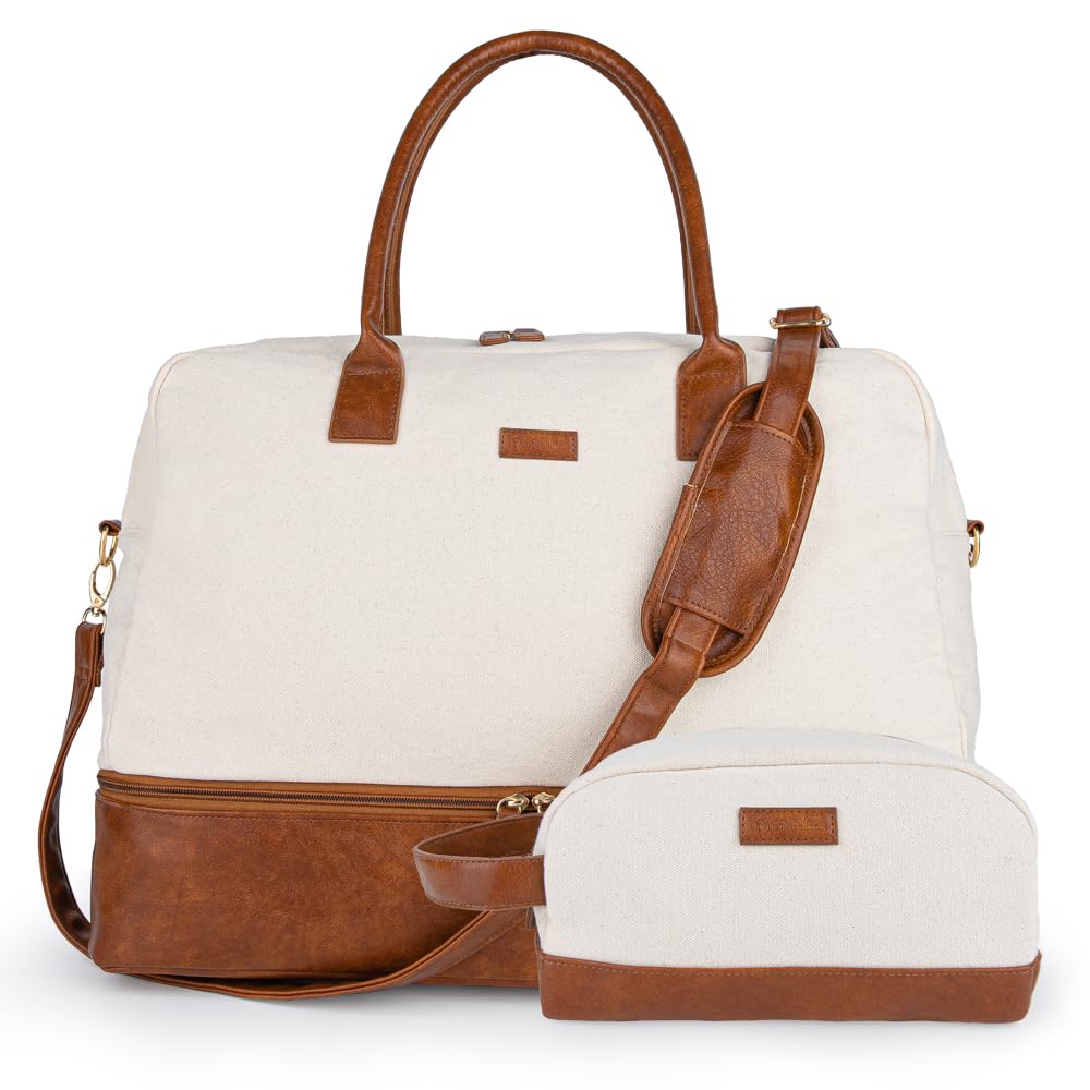 Photo 1 of MyMealivos Canvas Weekender Bag, Overnight Travel Carry On Duffel with Shoe Pouch (Ivory)