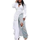 Seltaon Sexy Shirt Dresses for Women High Low Asymmetrical Tops Long Sleeve T Shirt Dress