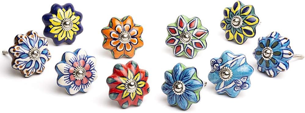 Artncraft Set Vintage Color Multi Designed Ceramic Cupboard Cabinet Door Knobs Drawer Pulls & Chrome Hardware