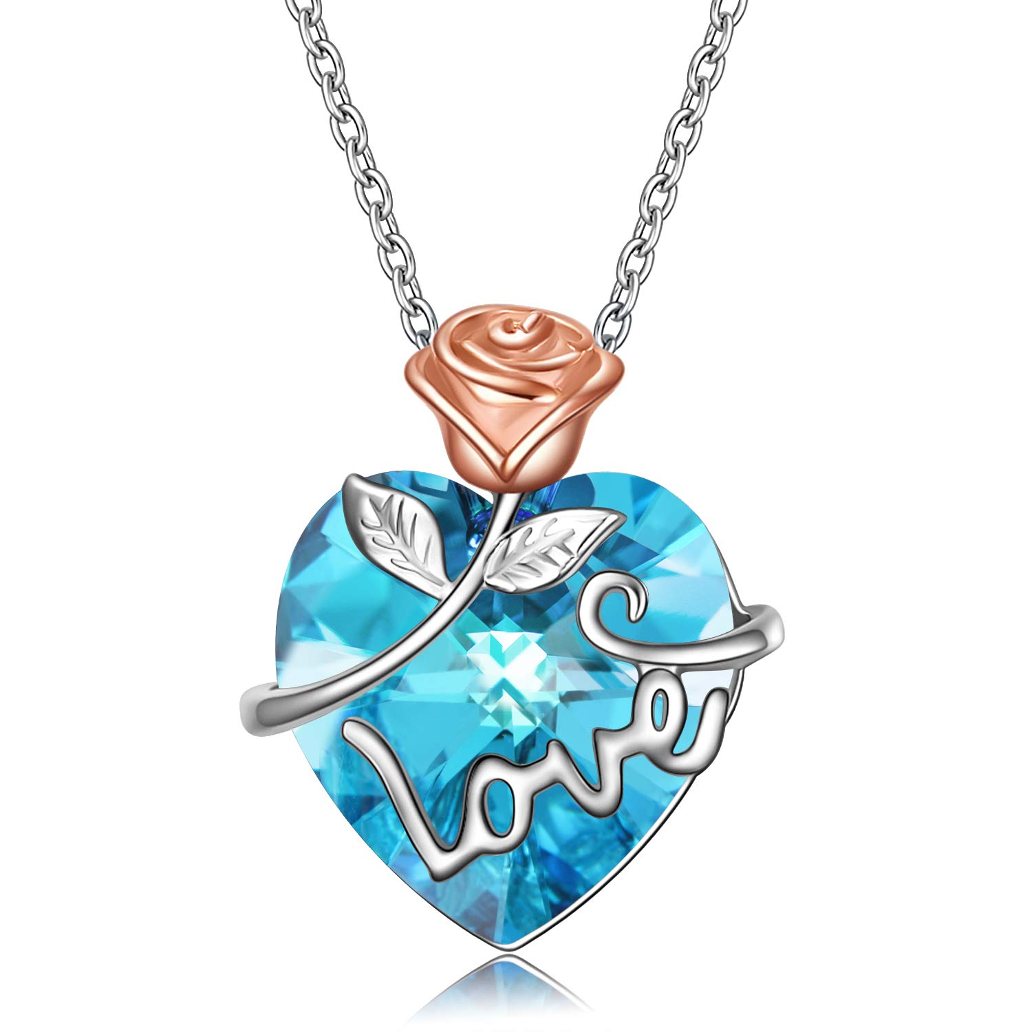 AOBOCO Heart Pendant Necklace Bule Love Rose Necklace February Birthstone Valentines Day Jewellery Gifts for Wife Girlfriend Womens Birthday