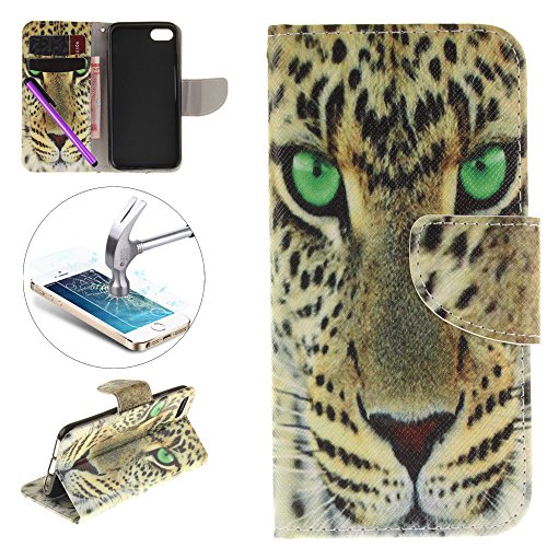 iPhone 7 Wallet Case, [Card Slot][Kickstand] ISADENSER 3D Embossed PU Leather Flip Wallet Case with Magnetic Closure for iPhone 7 + 1pcs Tempered Glass Screen + 1 Stylus Pen (Green eyes tiger)