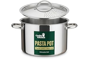 Stainless Steel Pasta Pot with Locking Strainer Lid - 5.5 Quart Large Capacity Cooking Pot | Twist & Lock for Easy Drain & No