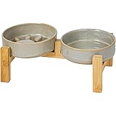 Elevated Slow Feeder Ceramic Dog Bowls Set for Small Size, Raised 2.4" Height, Cute Paw Slow Feeding Food Bowl and Water Bowl with Stand for Small Breed, Cat Dishes,Size 5.2" Dx1.4 H, Non Slip, Grey