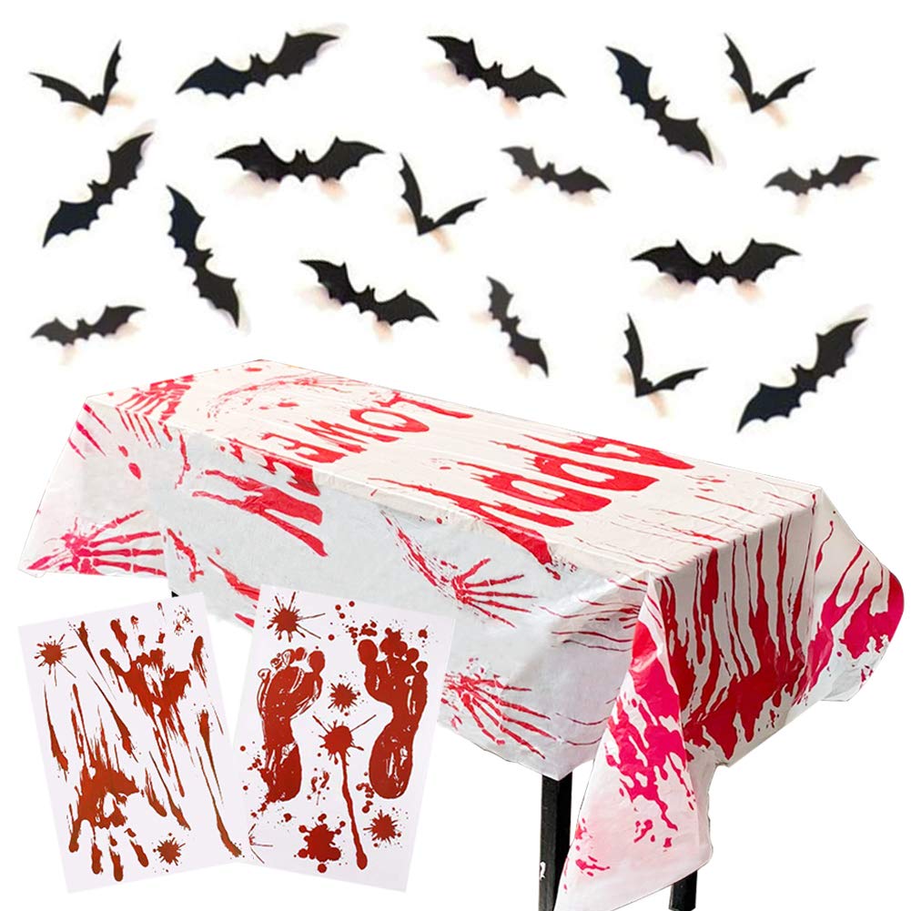 3 otters Halloween Party Decoration Set, 41PCS Bloody Halloween Window Clings Wall, Including Bloody Tablecover, Bloody Clings, 3D Decorative Scary Bats, Halloween Eve Home Decoration