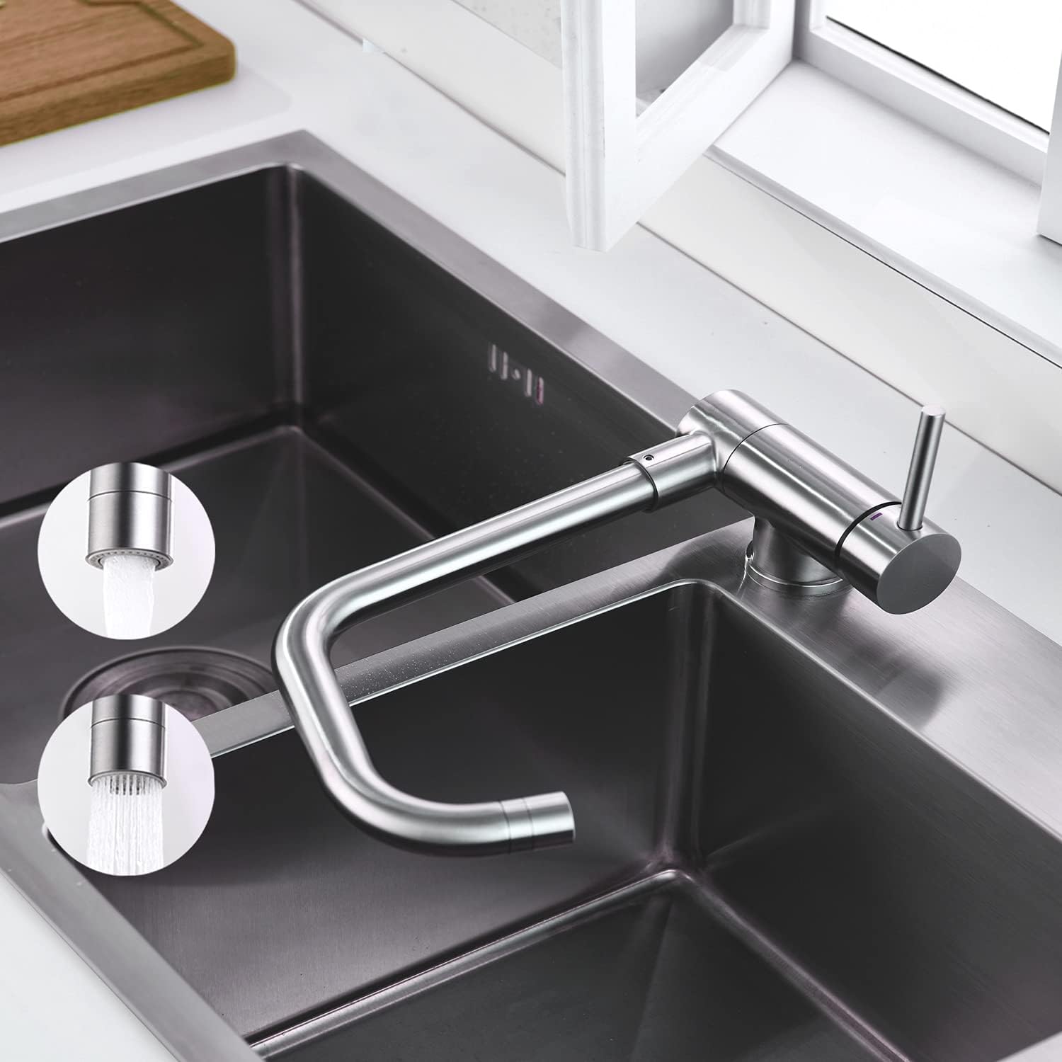 ONECE Kitchen Tap Foldable with Shower, Front Window Kitchen Tap with Folding Height 67 mm, Front Window Mounting Tap with 360° Rotation, Sink Mixer Tap Single Lever Mixer Tap for Kitchen, Matt