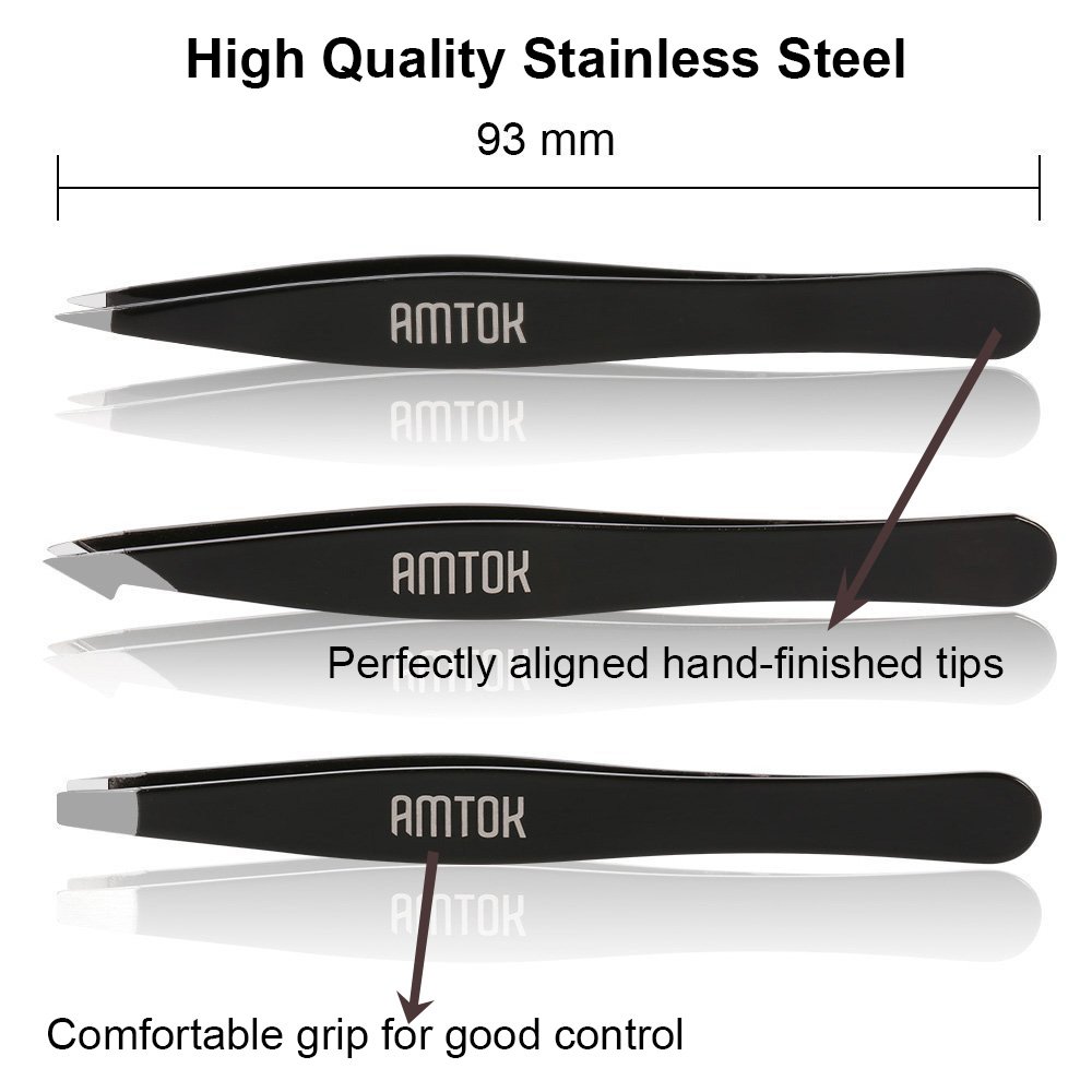 AMTOK Eyebrows Tweezers Kit Professional Plucking Tools Kit Stainless Steel,Flat,Slant and Pointed Tip Tweezers (Black)
