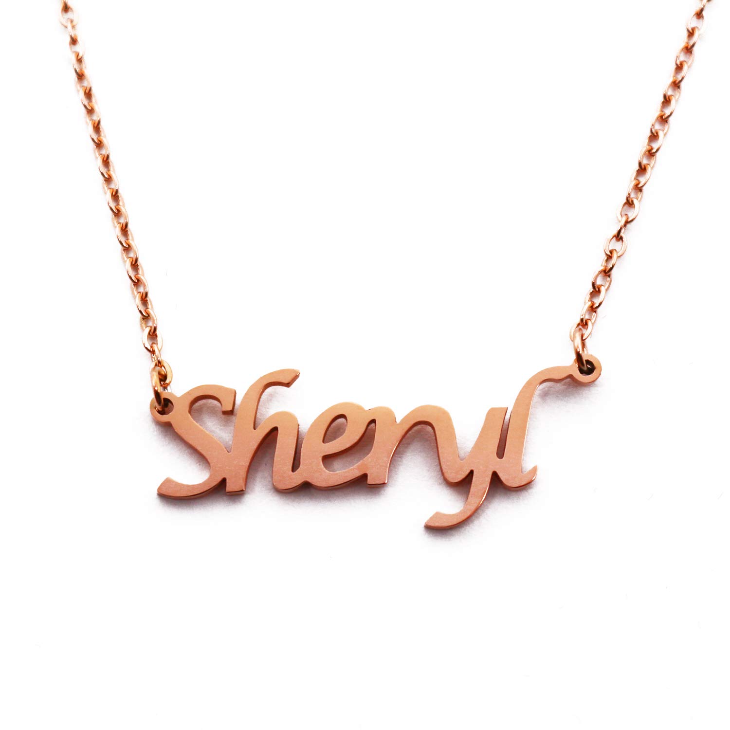 Kigu Sheryl Personalised Name Necklace 18ct Rose Gold Plated, Custom Dainty Name Pendants, Jewellery for Ladies, Girlfriend, Mother, Sister, Friends