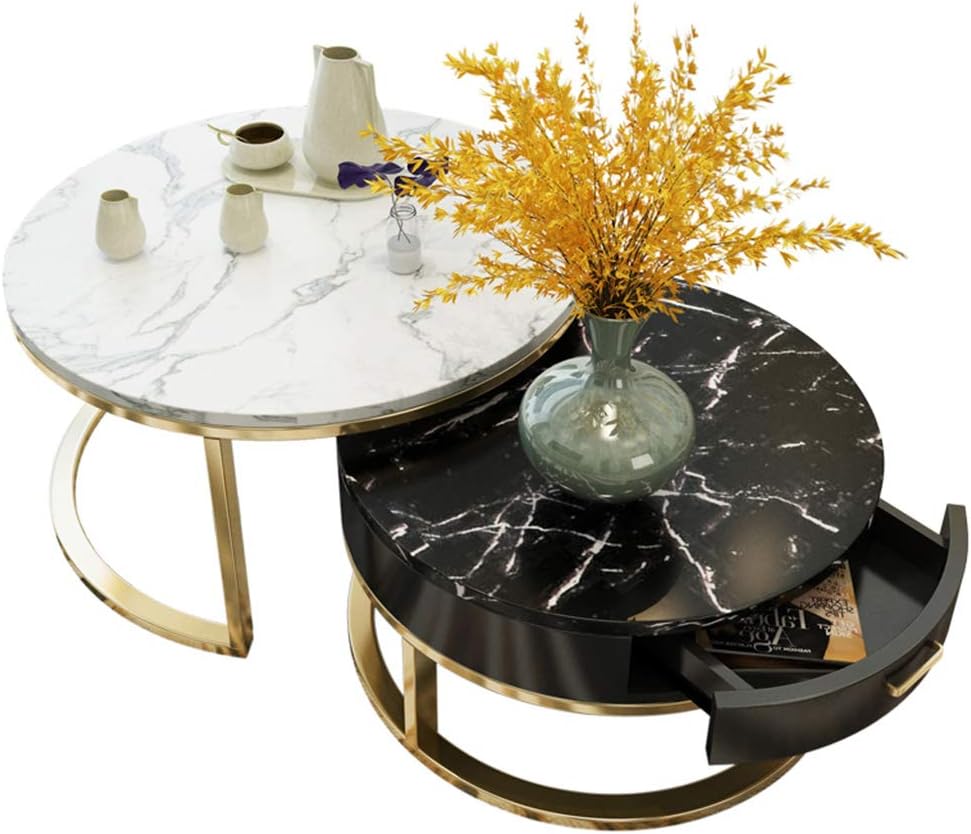 XWZJY 2 Piece Light Tea Tables,Stackable Coffee Table,Round Marble Accent Table for Living Room Balcony Hotel,80 x 45 cm+60 x 40 cm(Ø x H)